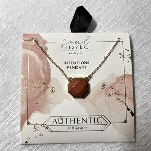 Red Jasper SOUL STACKS Intentions necklace. Gold tone chain. “Authentic” on back